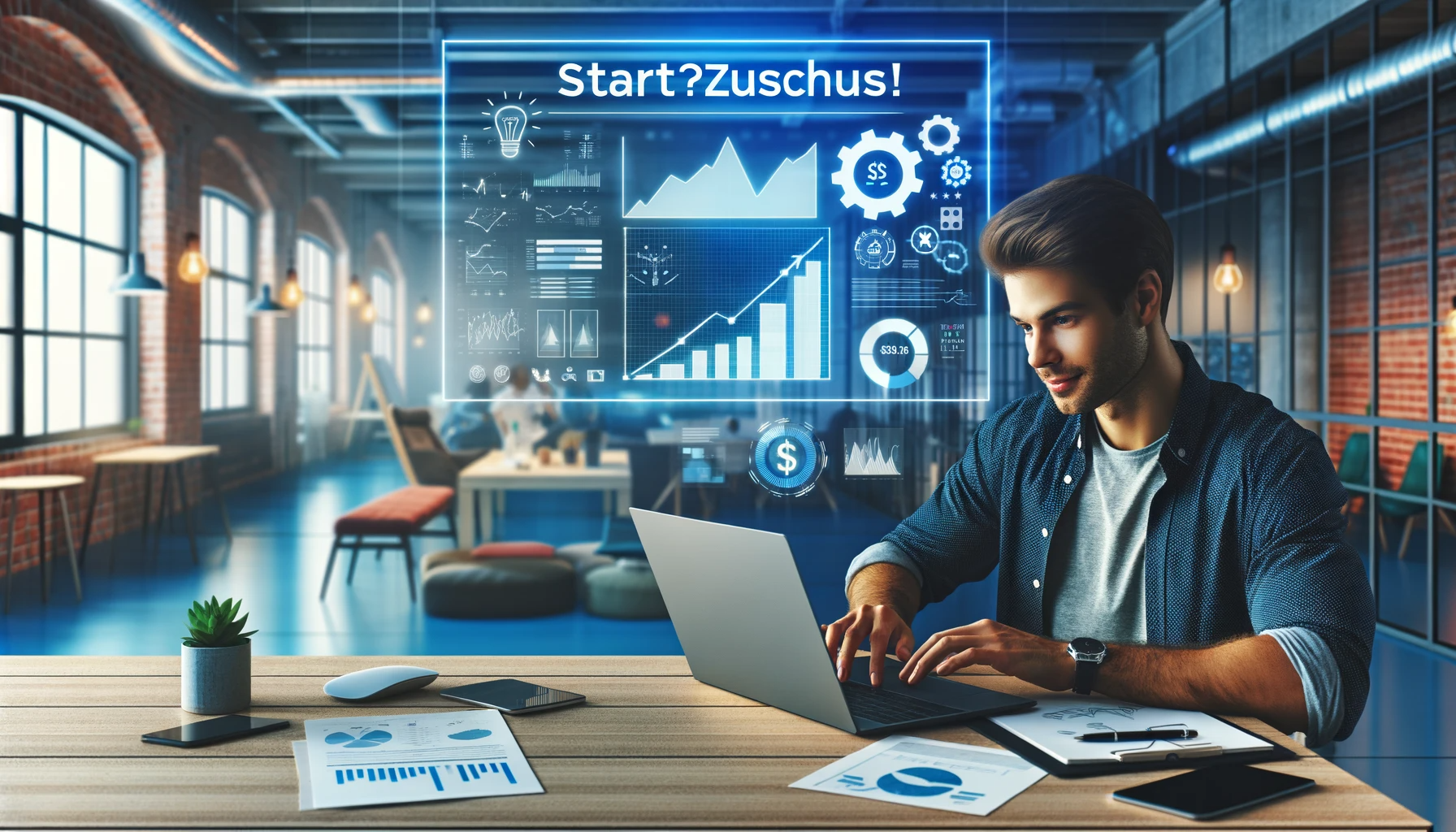 Ein junger Unternehmer arbeitet in einem modernen Startup-Büro an seinem Laptop mit sichtbaren Grafiken und einem erfolgreichen Förderantragsformular auf dem Bildschirm. Im Hintergrund ist das lebendige Büroumfeld mit dem korrekt geschriebenen 'Start?Zuschuss!' Logo auf einem Poster zu sehen.